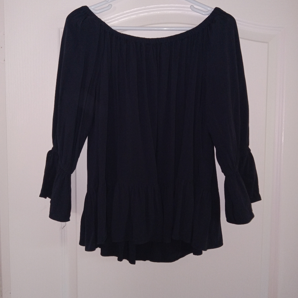 LOFT Off the Shoulder Blouse Button & Tie Sleeve Feature Dark Blue